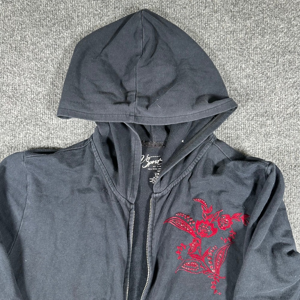 V Sport Hoodie Womens Size 18/20 Black Floral Rhinestone Zip Up Casual Y2K Rip